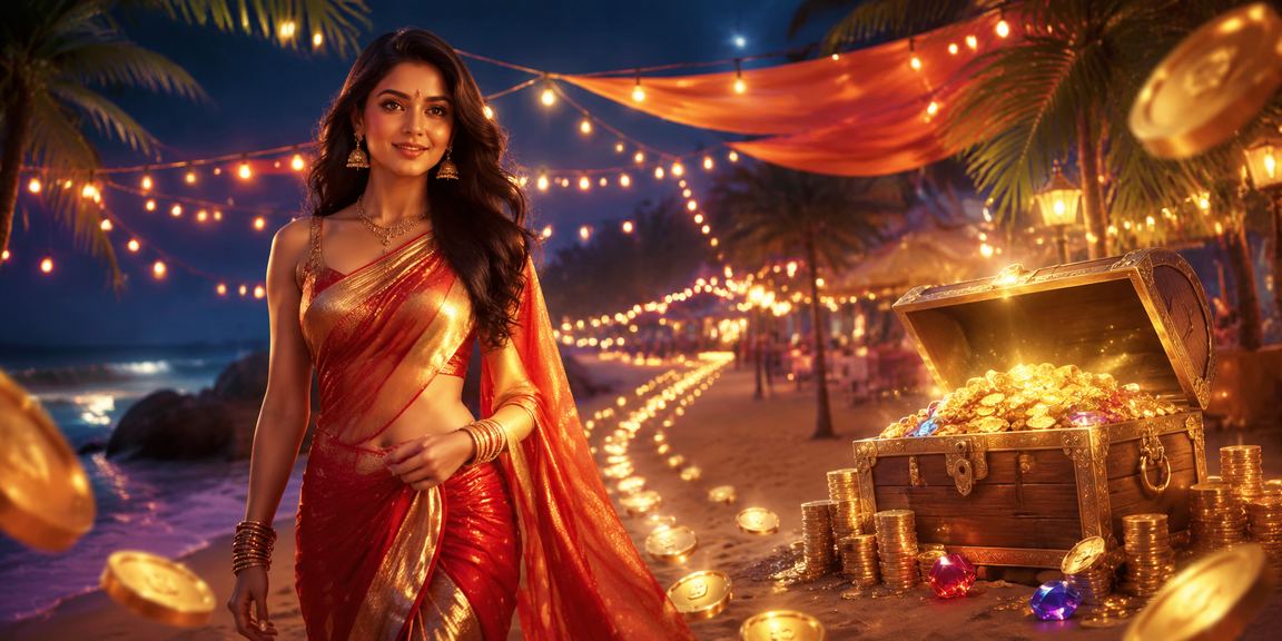 Indian woman playing slots on mobile with festive attire